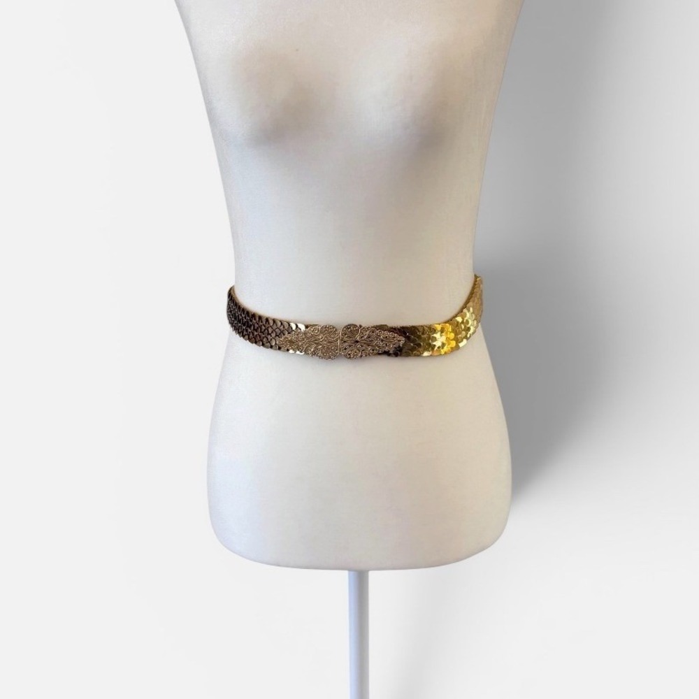 Vintage Womens Sequin Fish Scale Belt OS Gold Ornate Metallic Festival 70s 80s‎